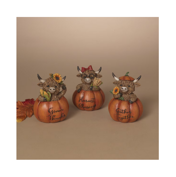 Gerson Fall Decor - Highland Cow in Pumpkins Figurines 3pc