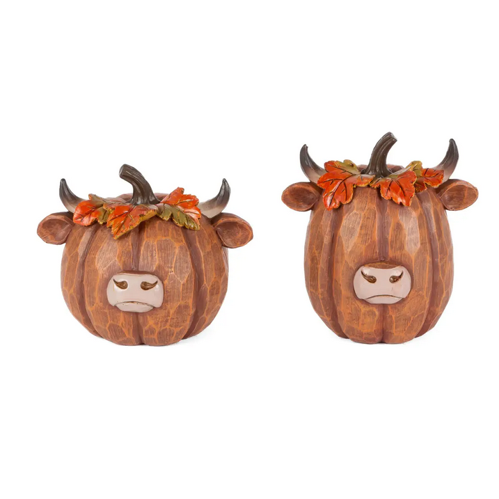 Gerson Fall Decor - Resin Pumpkin Highland Cow Figurines 2pc