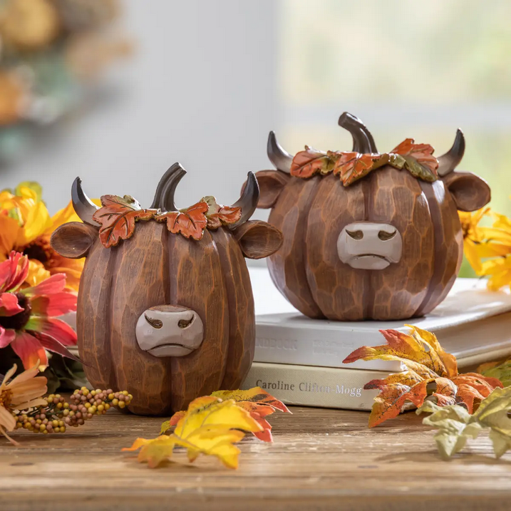 Gerson Fall Decor - Resin Pumpkin Highland Cow Figurines 2pc