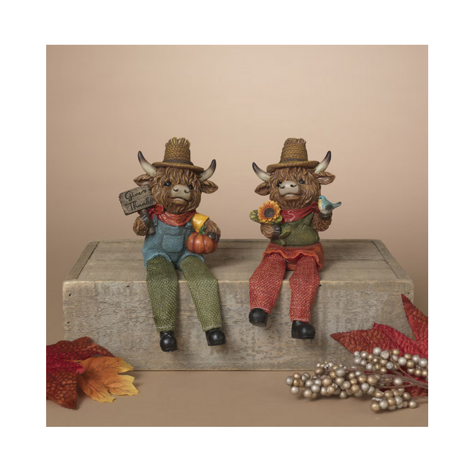 Gerson Fall Decor - Resin Scarecrow Highland Cow Figurines 2pc