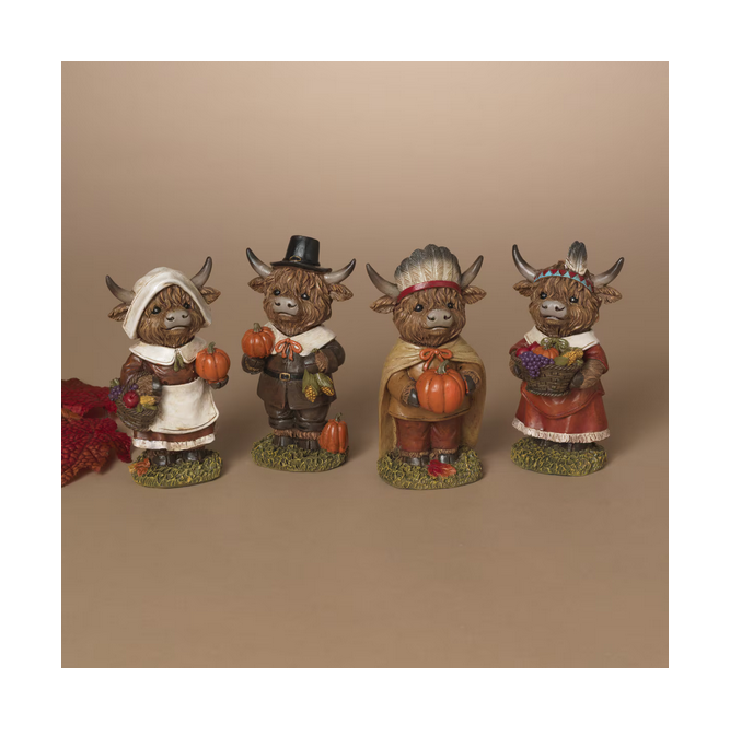 Gerson Fall Decor - Thanksgiving Pilgrim Highland Cow Figurines 4pc