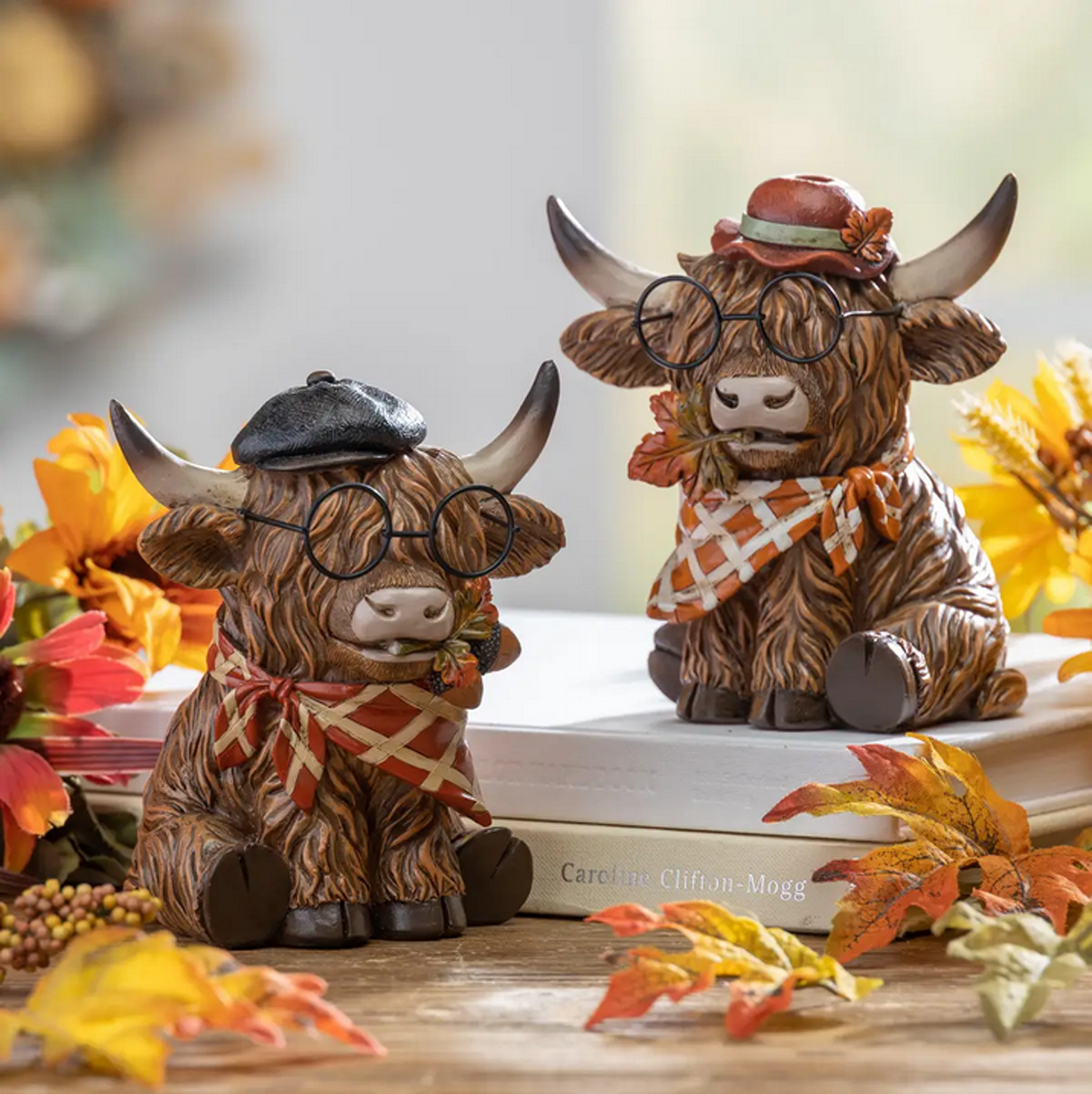 Gerson Fall Decor - Autumn Resin Highland Cow Shelf Sitter 2pc Set