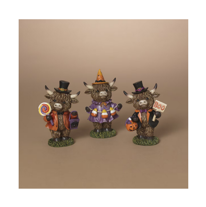 Gerson Halloween Decor - Candy Corn Boo Highland Cow Figurines 3pc