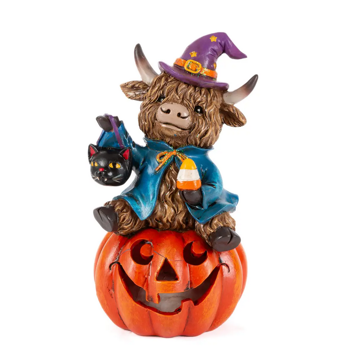 Gerson Halloween Decor - LED Lighted Resin Pumpkin Highland Cow 3pc