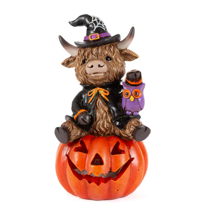 Gerson Halloween Decor - LED Lighted Resin Pumpkin Highland Cow 3pc