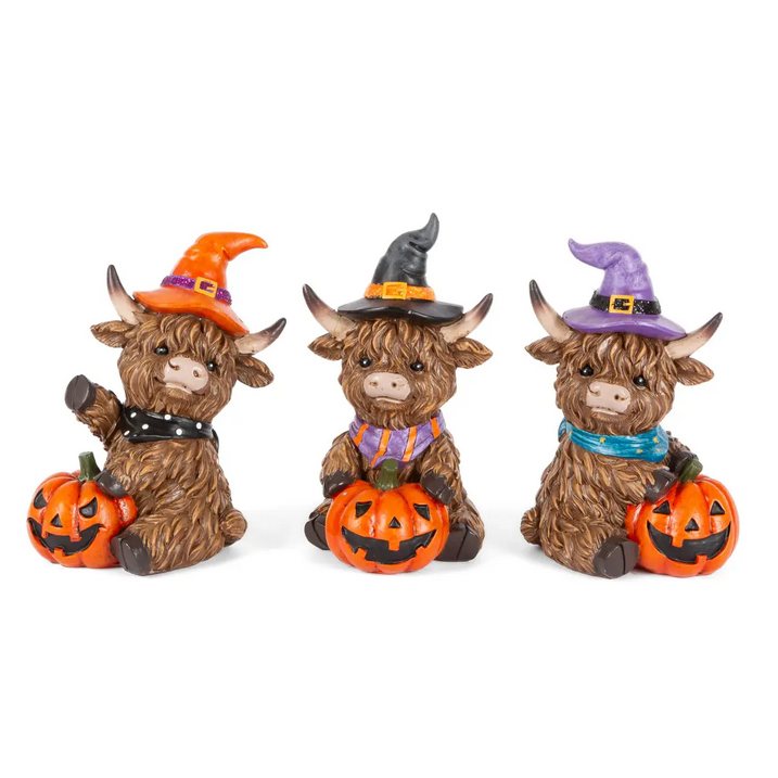 Gerson Halloween Decor - Witch Hats Highland Cow Figurines 3pc Set