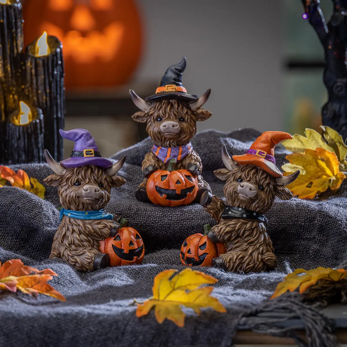 Gerson Halloween Decor - Witch Hats Highland Cow Figurines 3pc Set