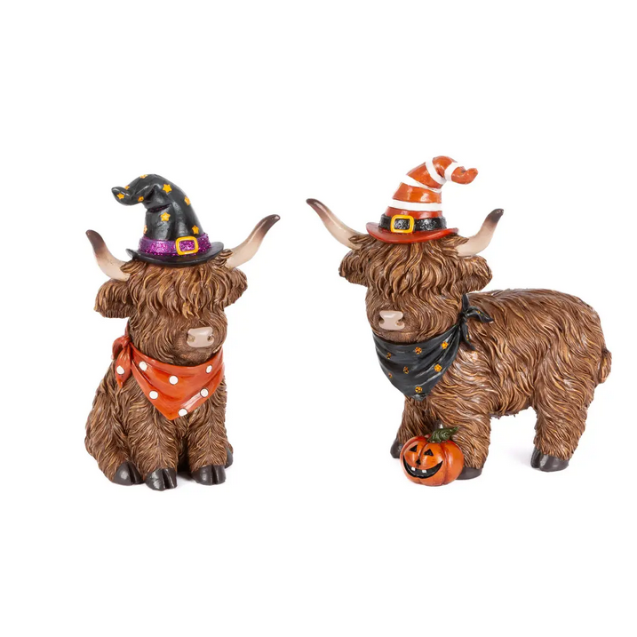 Gerson Halloween Decor - Resin Highland Cow Shelf Sitter 2pc Set