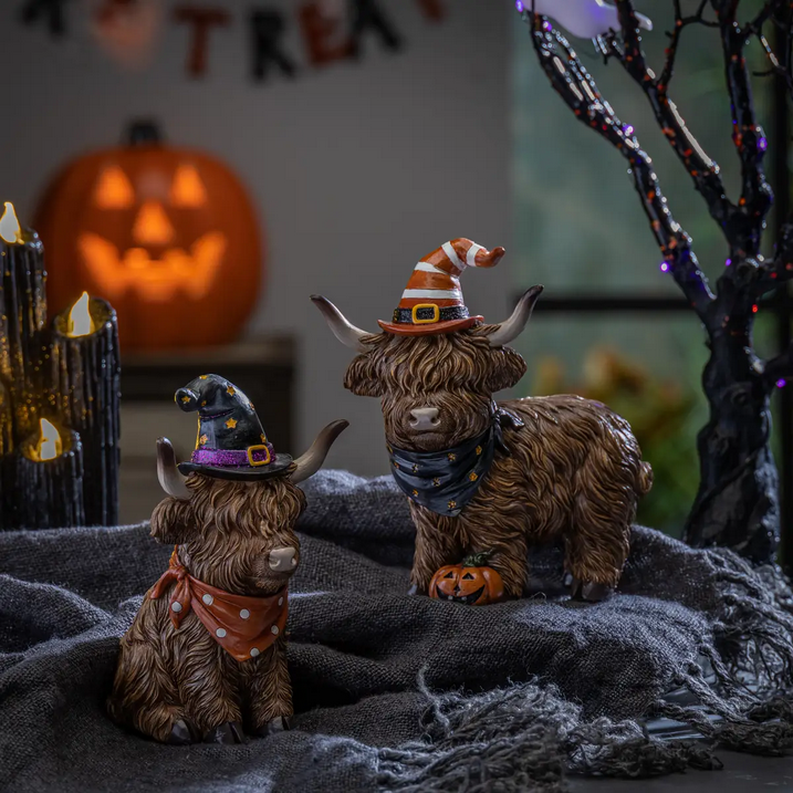 Gerson Halloween Decor - Resin Highland Cow Shelf Sitter 2pc Set