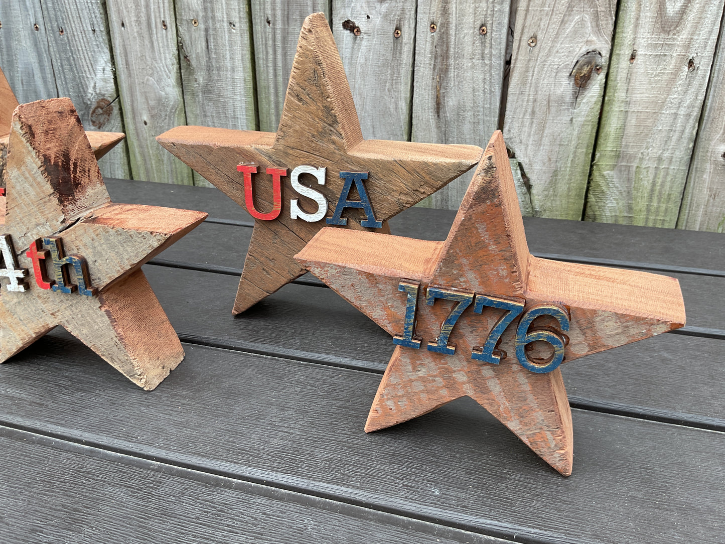 AGSD Patriotic Decor - July 4th Rustic Neutral Chunky Wood Star Sitters 4pc