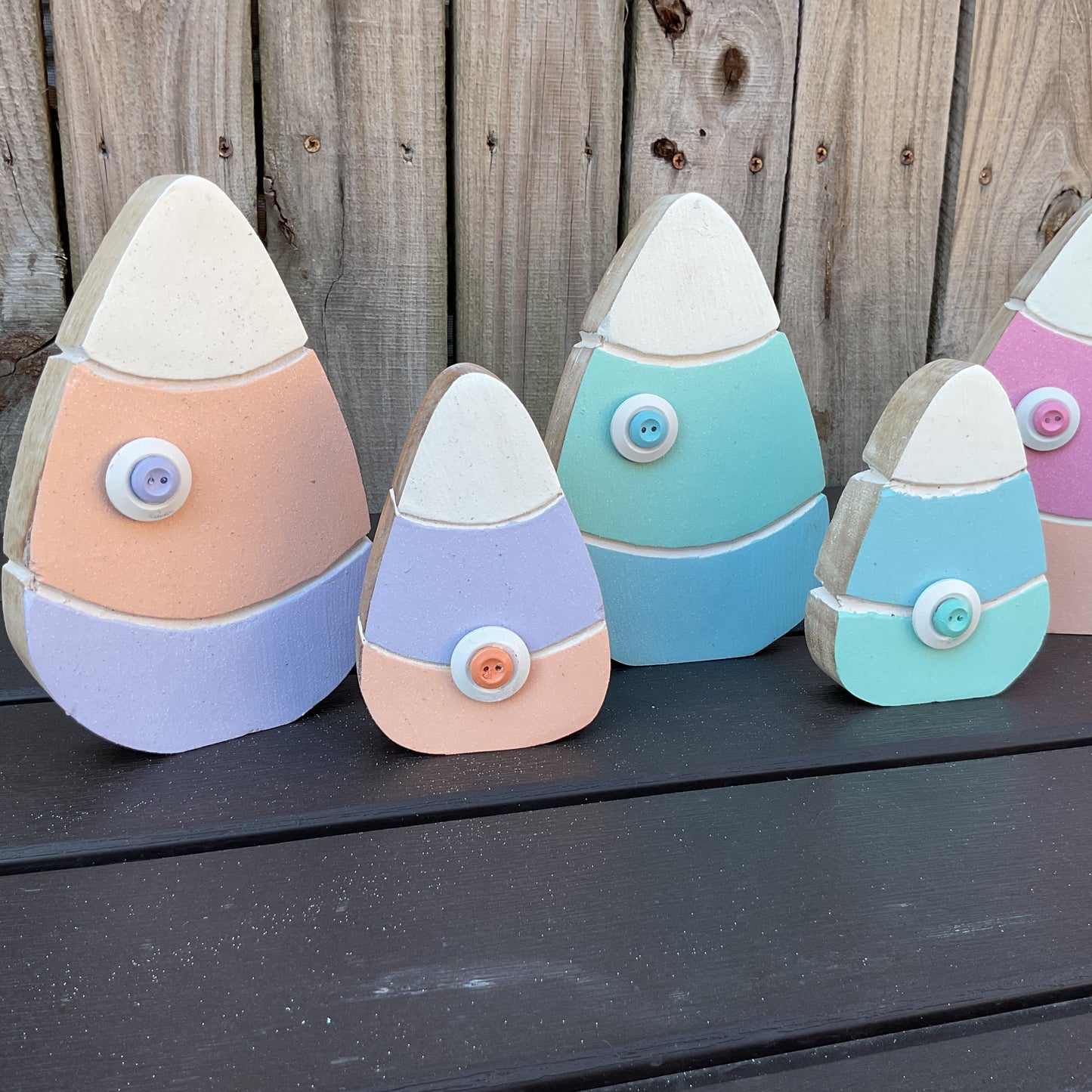 AGD Spring Decor - Pastel Purple Peach Chunky Wood Candy Corn Sitters 2pc Set