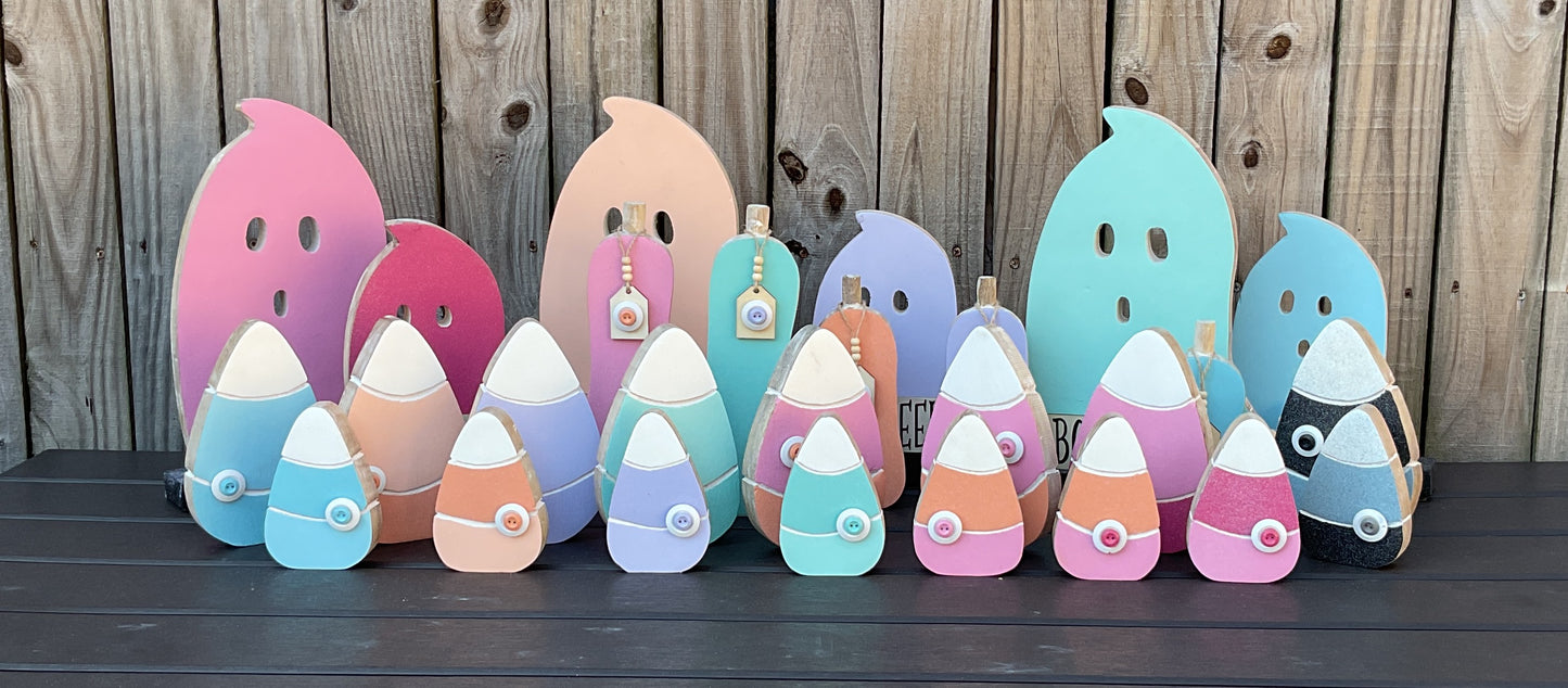 AGD Halloween Decor - Pastel Pink Orange Chunky Wood Candy Corn Sitters 2pc Set