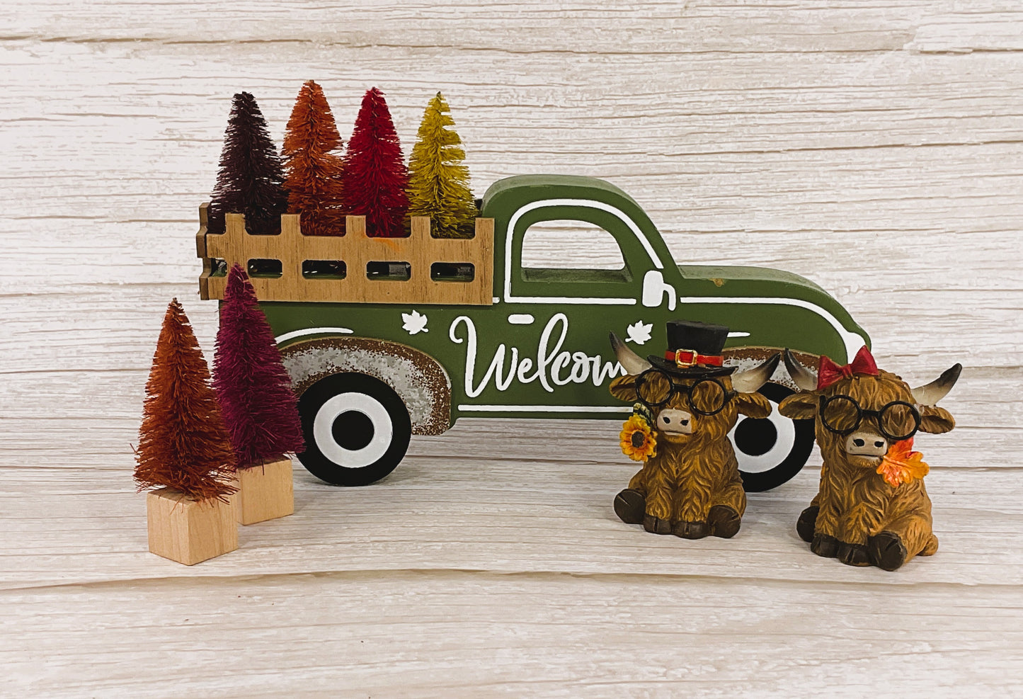 AGSD Fall Decor - Highland Cows Wood Truck Sisal Trees Tabletop Display