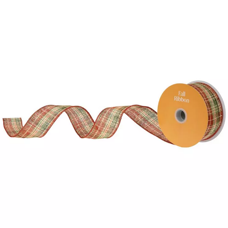 HL Fall Craft Supply - Orange & Green Plaid Wired Edge Ribbon 1.5-inch x10 yds