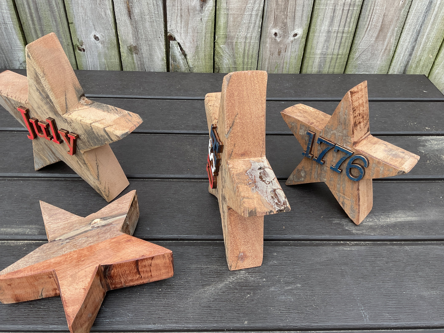AGSD Patriotic Decor - July 4th Rustic Neutral Chunky Wood Star Sitters 4pc