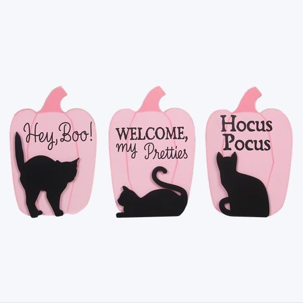 Youngs Halloween Decor - Glam Pink Pumpkin Black Cat Table Signs 3pc