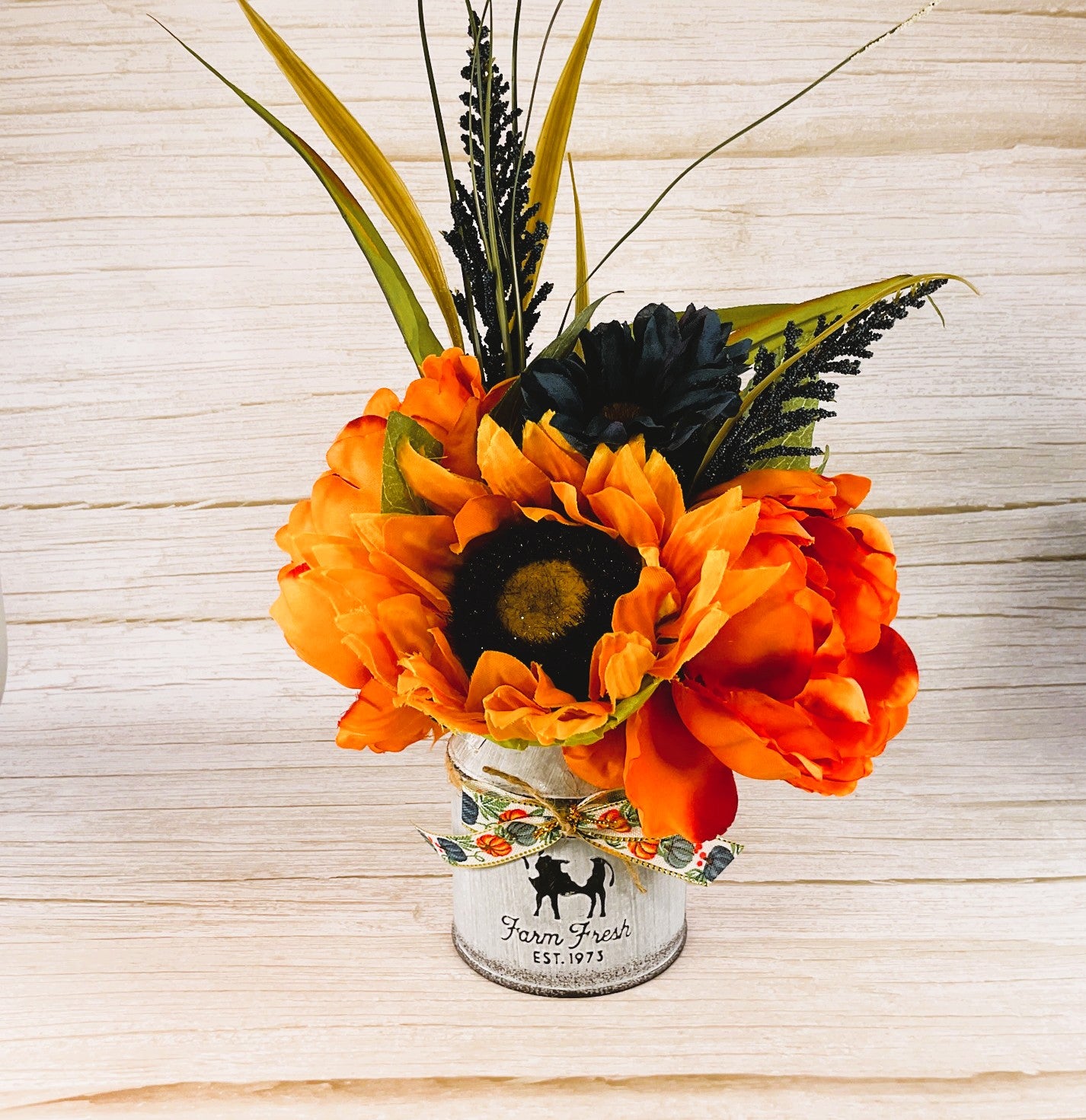 AGSD Fall Decor - Orange Blue Sunflower Milk Can Floral Display