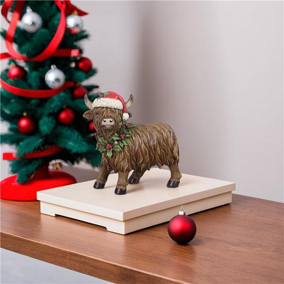 YI Christmas Decor - Santa Hat Cap Highland LED Cow Figurine