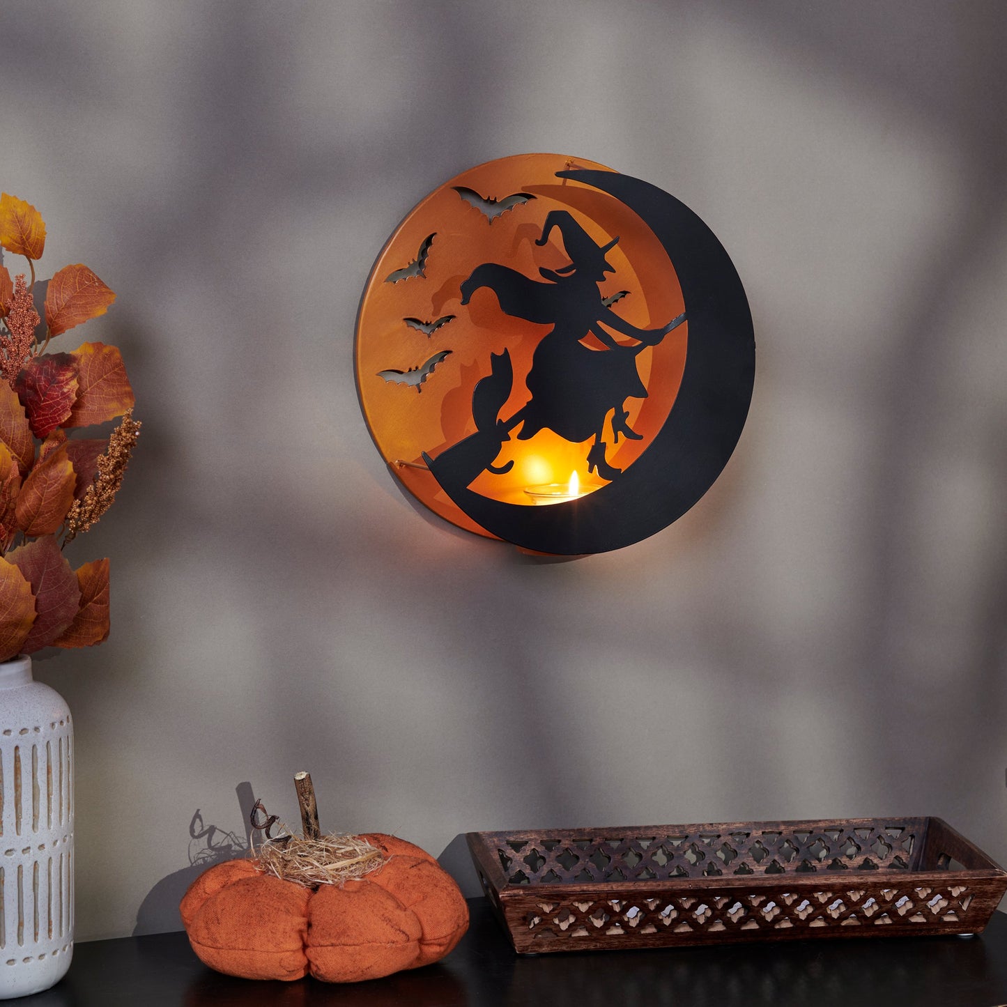 PBK Halloween Decor -  Flying Witch Candle Holder Wall Sign 12inch