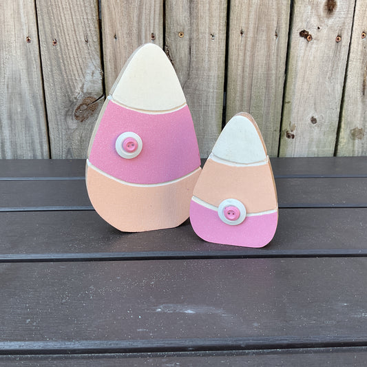 AGD Spring Decor - Pastel Pink Peach Chunky Wood Candy Corn Sitters 2pc Set