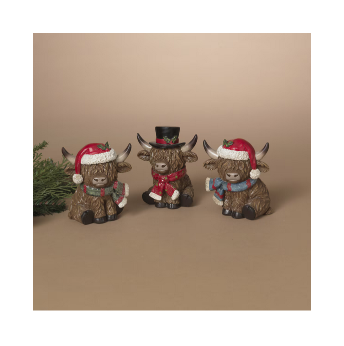 Gerson Christmas Decor - Santa Hat Cap Highland Cows Figurines 3pc