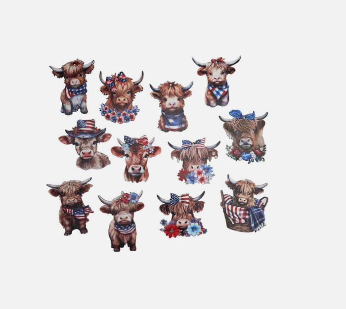 Patriotic Craft Decor - American July 4th Highland Cow Ornaments 12pc
