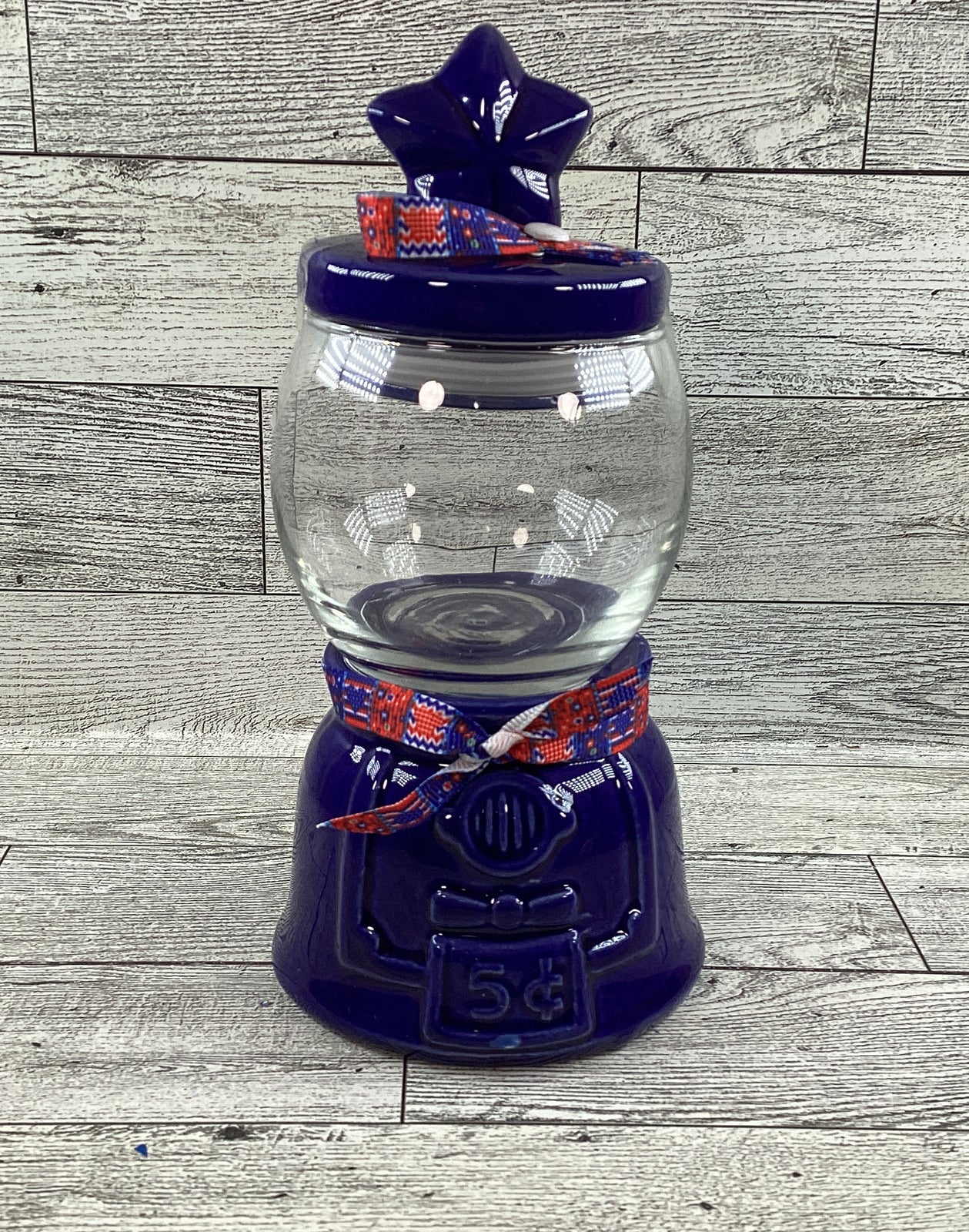 AGD Patriotic Decor - Small Ceramic Blue Gumball Jar Resin Fake Candy Corn