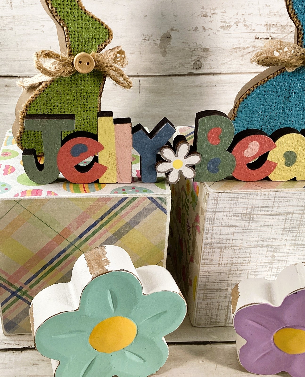 AGD Easter Decor - Jellybeans Block Signs Rabbit Spring Flowers Display