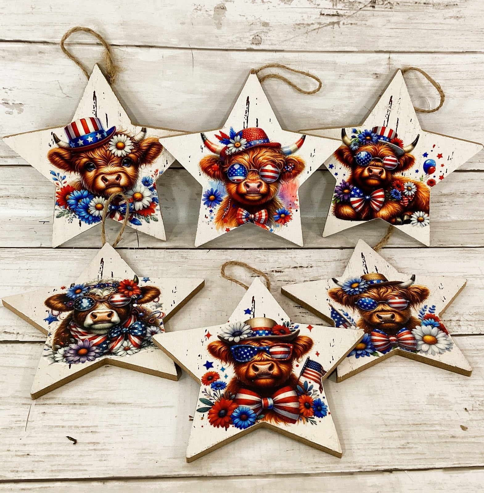 AGD Patriotic Decor - July 4th Highland Cow Ornaments 12pc Set