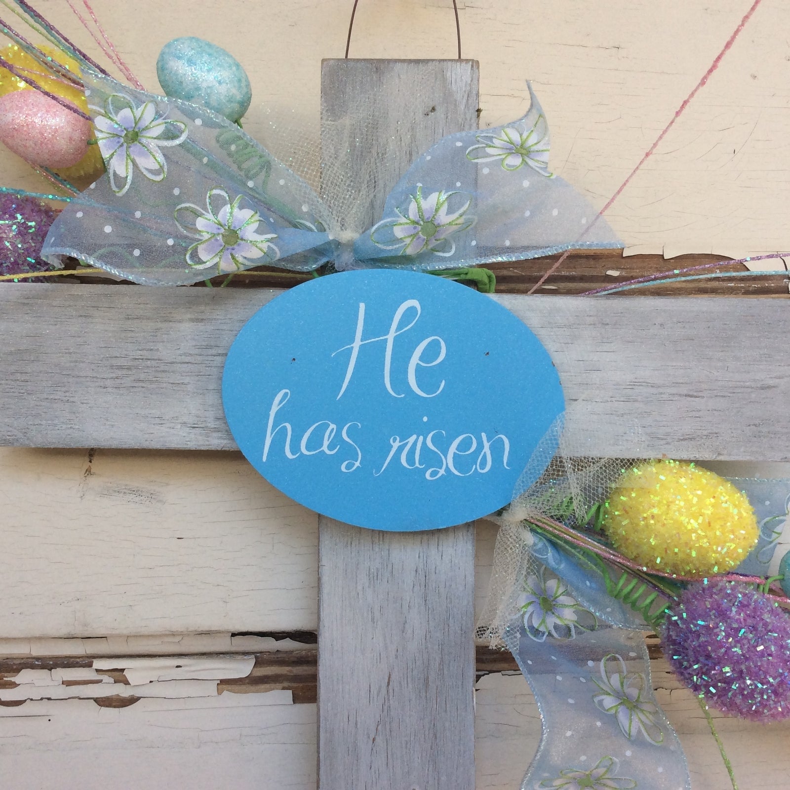 AGD Easter Decor –  He Has Risen White Wash Wood Cross