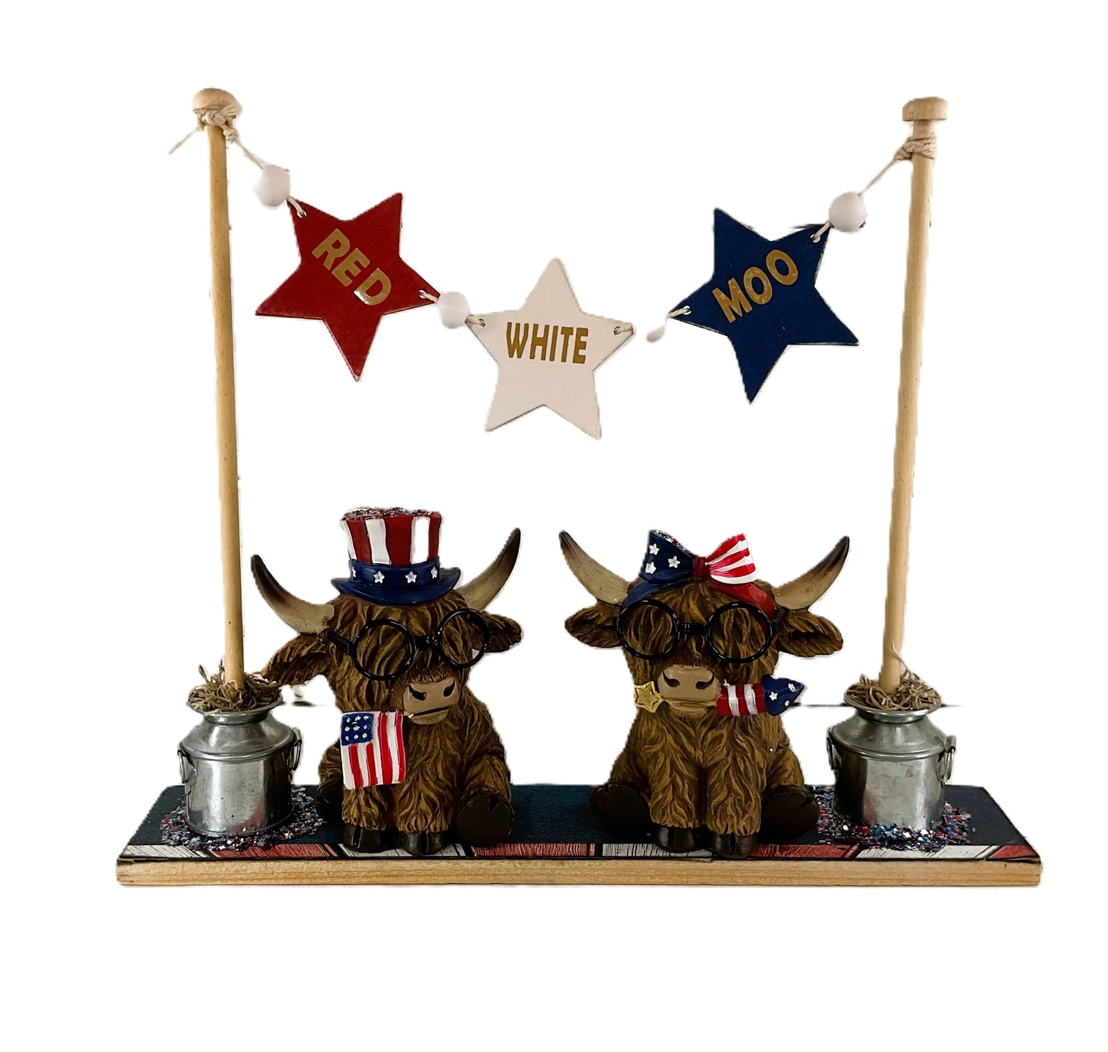 AGD Patriotic Decor - Red White Moo July 4th Highland Cows Banner Stand