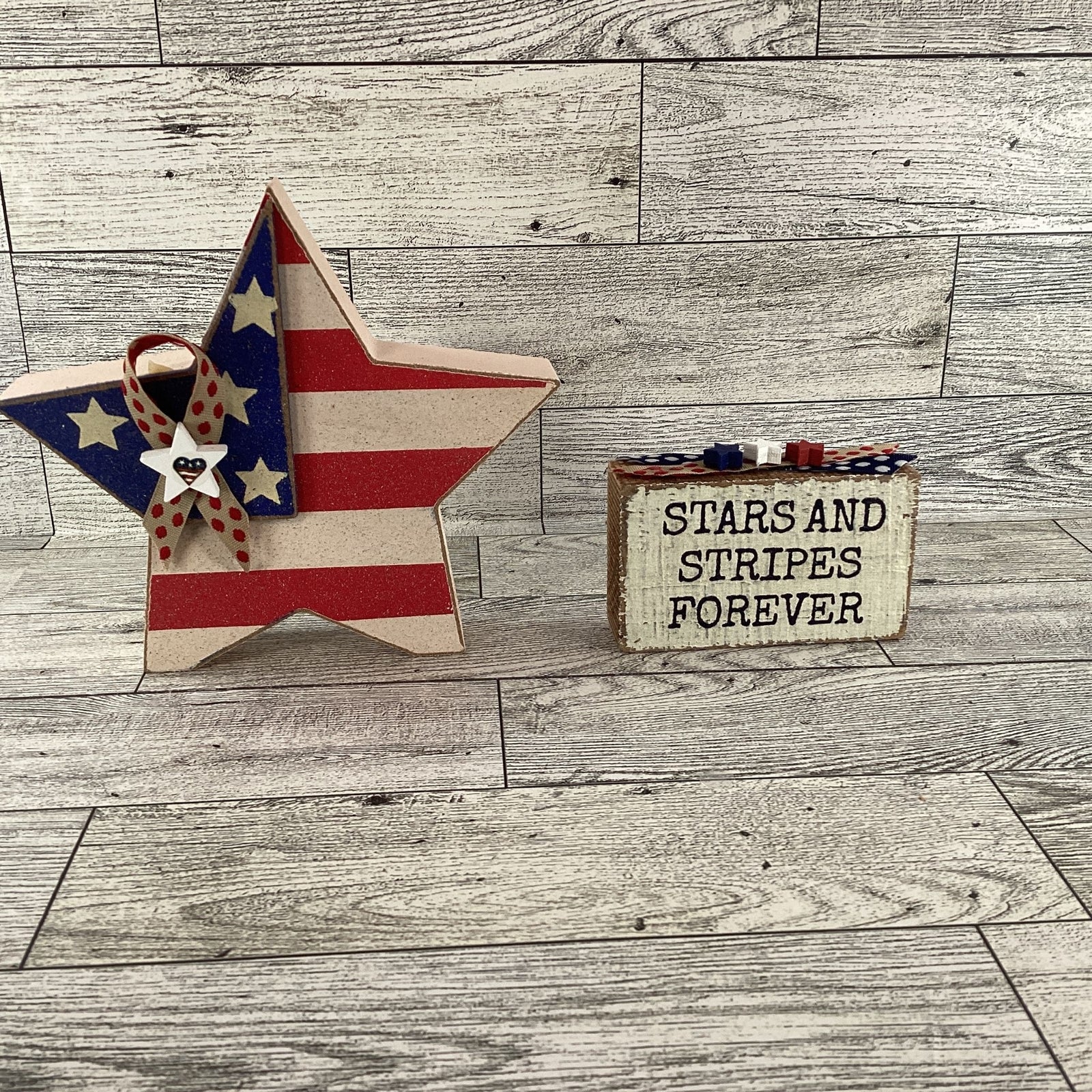 AGD Patriotic Decor - Stars Stripes Block Sign Chunky Wood Star Sitters 2pc Set