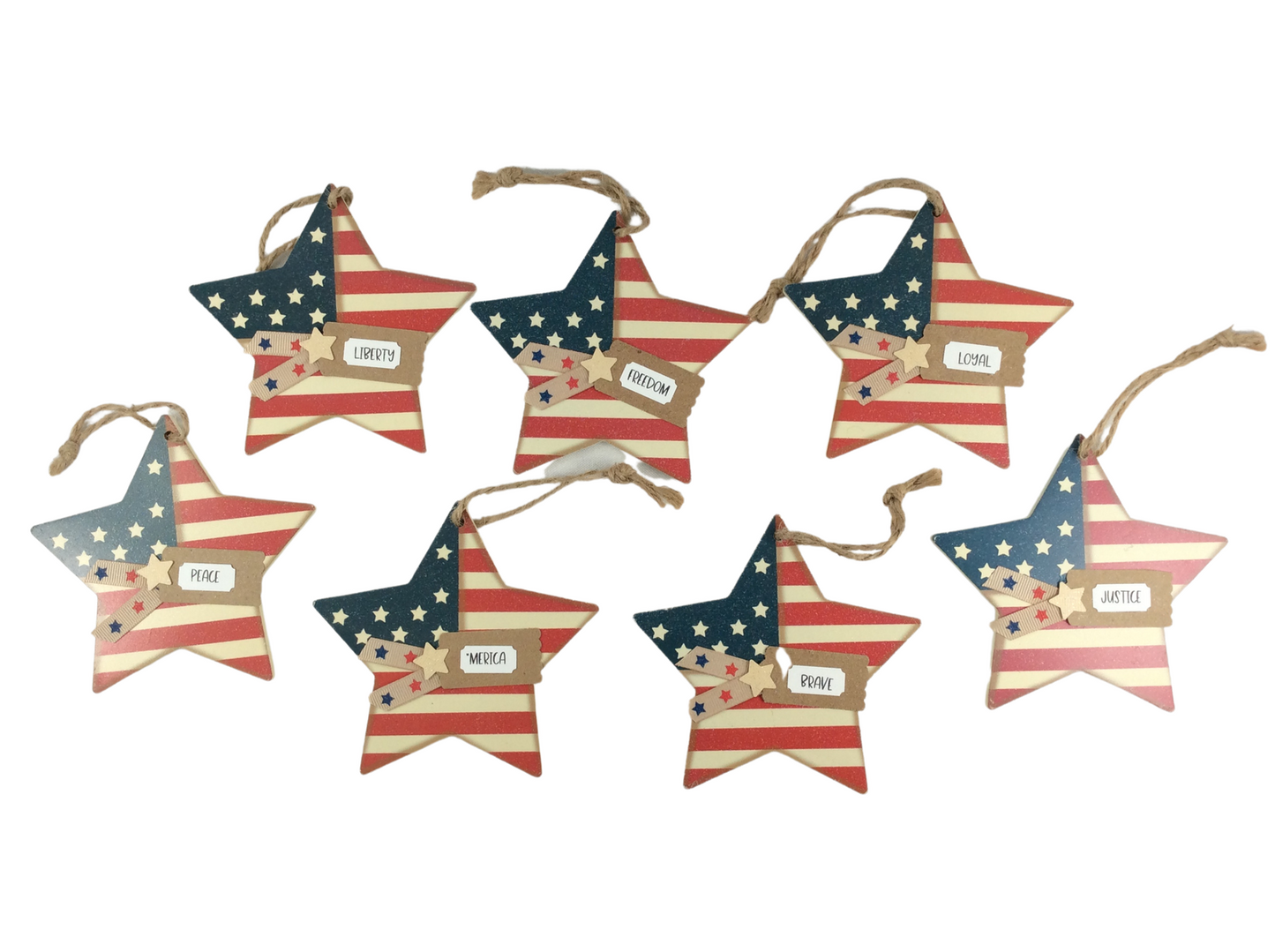 AGD Patriotic Decor - Farm House Americana Wood Star Ornaments 7pc