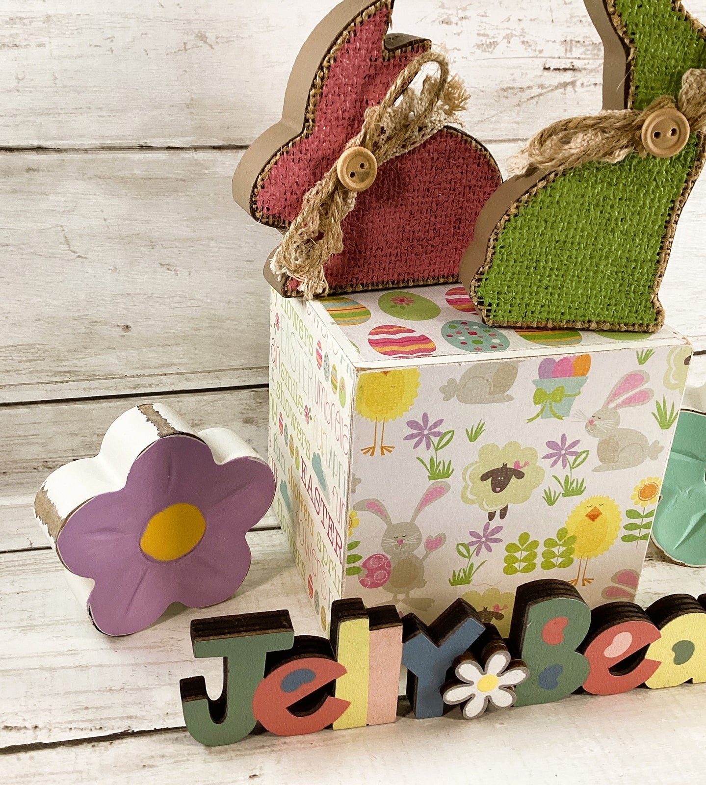 AGD Easter Decor - Jellybeans Block Signs Rabbit Spring Flowers Display