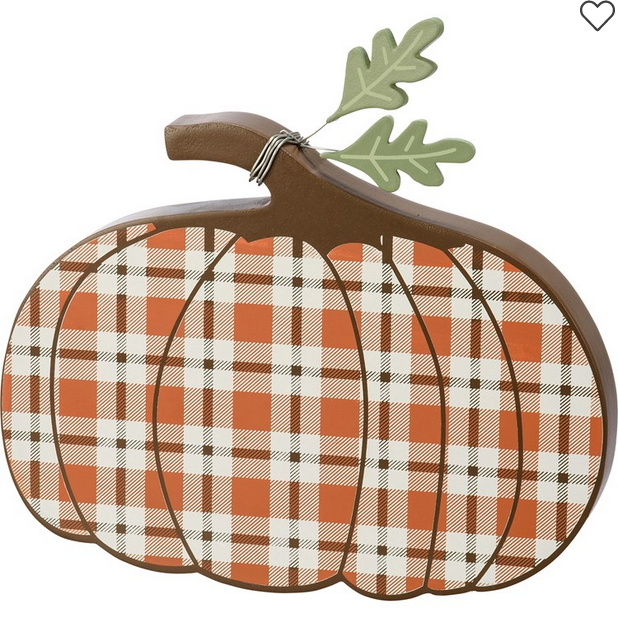 PBK Fall Decor - Chunky Wood Autumn Plaid Pumpkin 8.5-inch