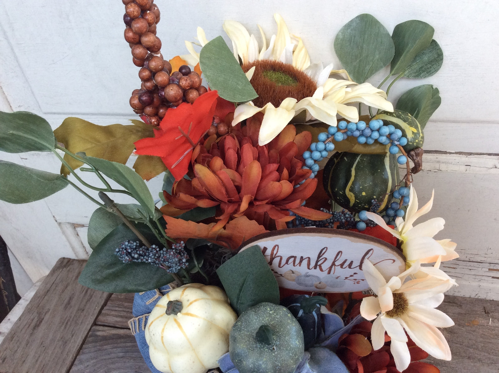 AGD Fall Decor - Thankful Floral Metal Planter Centerpiece