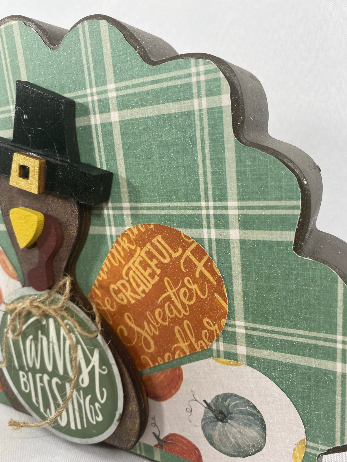 AGD Fall Decor -  Reversible Harvest Blessings Chunky Wood Turkey Sign