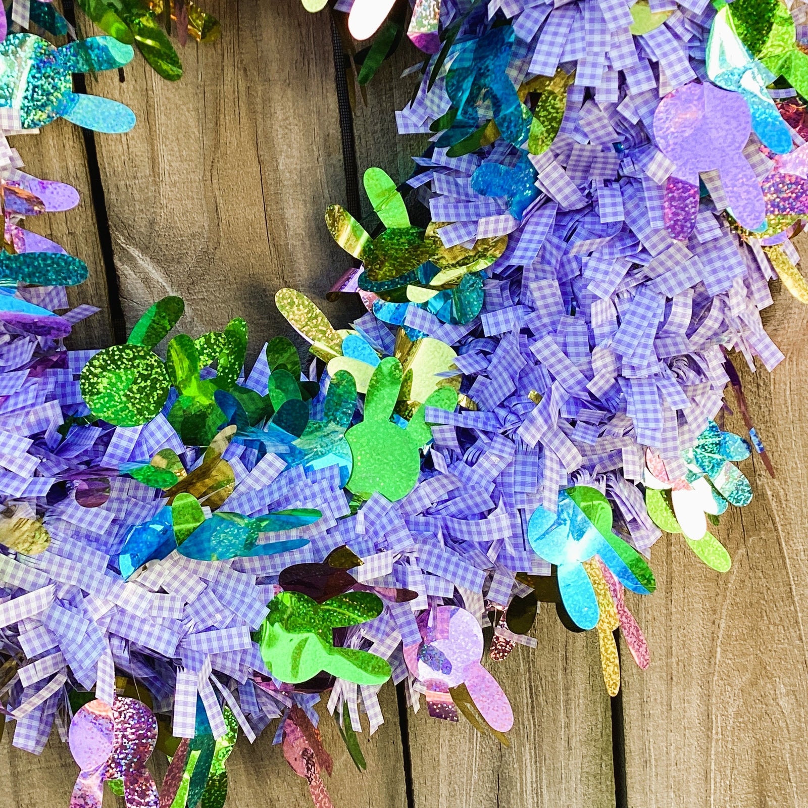 WM Easter Decor - Gingham Pastel Lavender White Metallic Wreath 18-inch