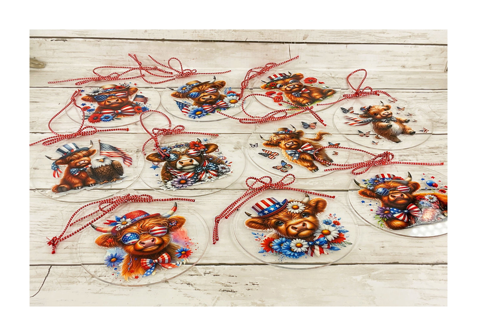 AGD Patriotic Decor - July 4th Highland Cow Acrylic Ornaments 10pc Set