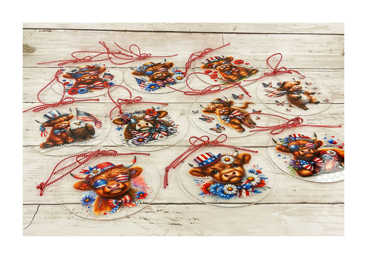 AGD Patriotic Decor - July 4th Highland Cow Acrylic Ornaments 10pc Set