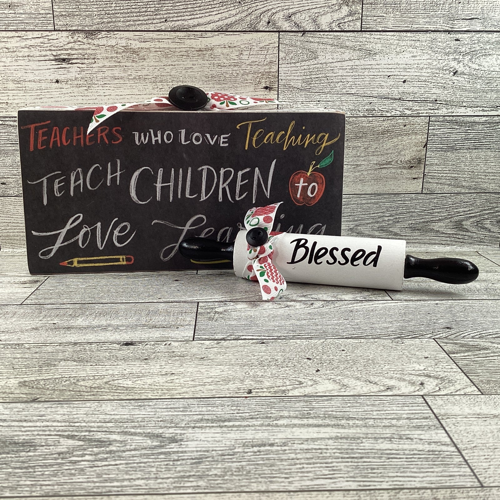 AGD Teacher Gift - School Love to Learn Blessed Rolling Pin and Box Sign 2pc