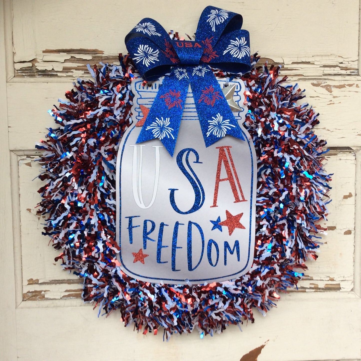 AGD Patriotic Decor -  USA Freedom Mason Jar Tinsel Wreath
