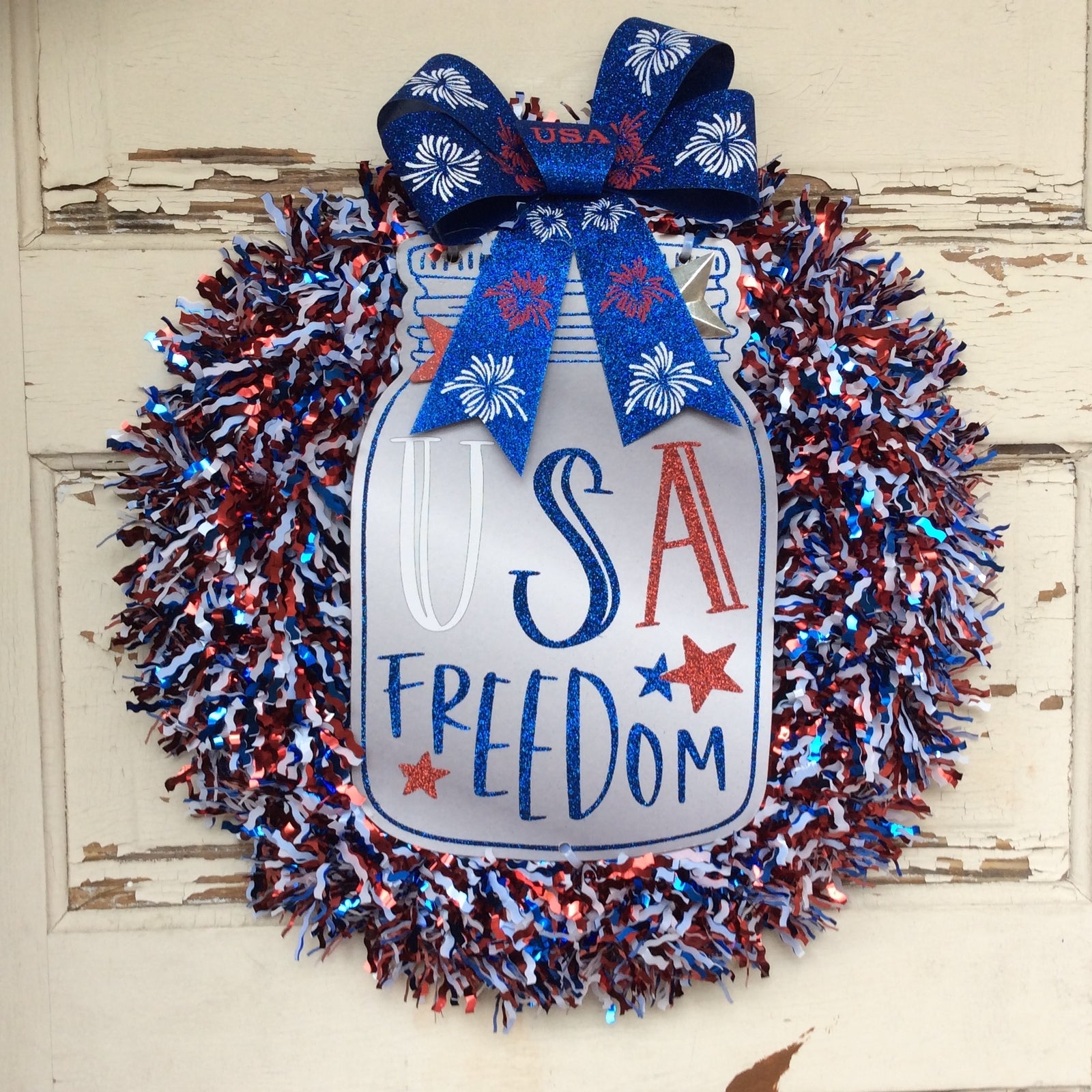 AGD Patriotic Decor -  USA Freedom Mason Jar Tinsel Wreath