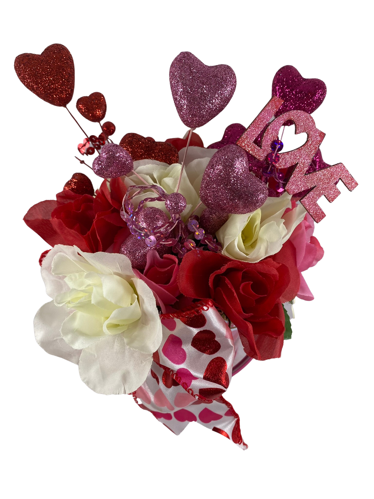 AGD Valentines Decor  – Pink Red White Roses Floral  Small Centerpiece