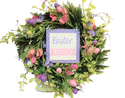 AGD Spring Easter Decor – Pink Purple Easter Blessings Floral Fern Wreath