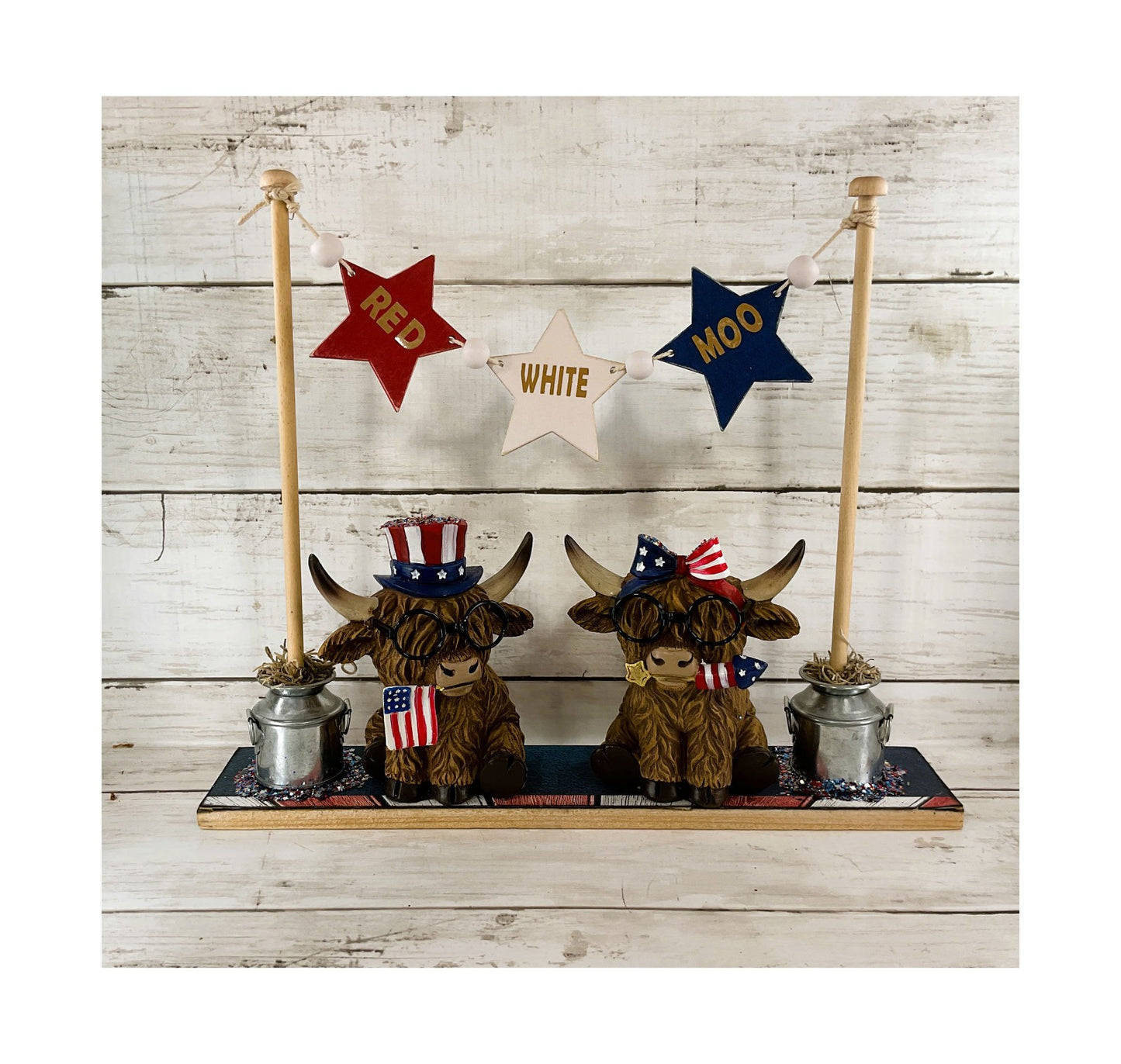 AGD Patriotic Decor - Red White Moo July 4th Cow Banner Stand