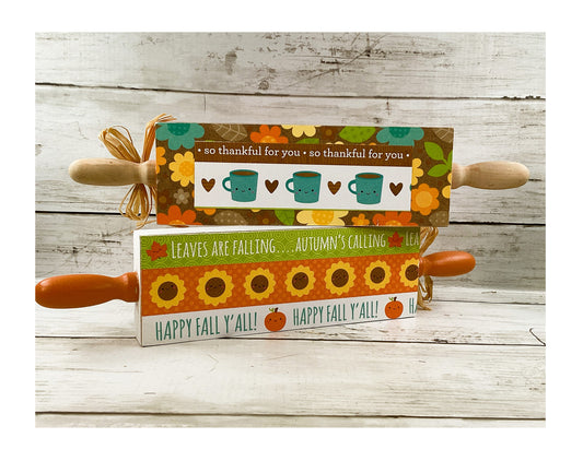AGD Fall Decor - Falling Leaves Hello Pumpkin Wood Rolling Pin Signs 2pc