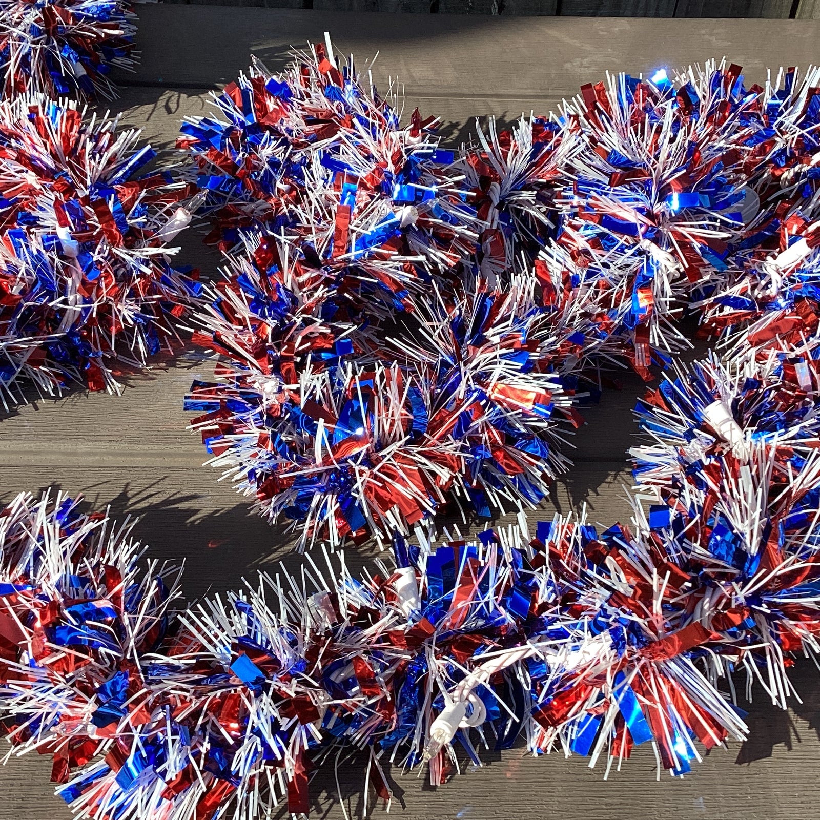 AGD Patriotic Decor -  Red White Blue Metallic Thick Tinsel Lighted Garland 12ft