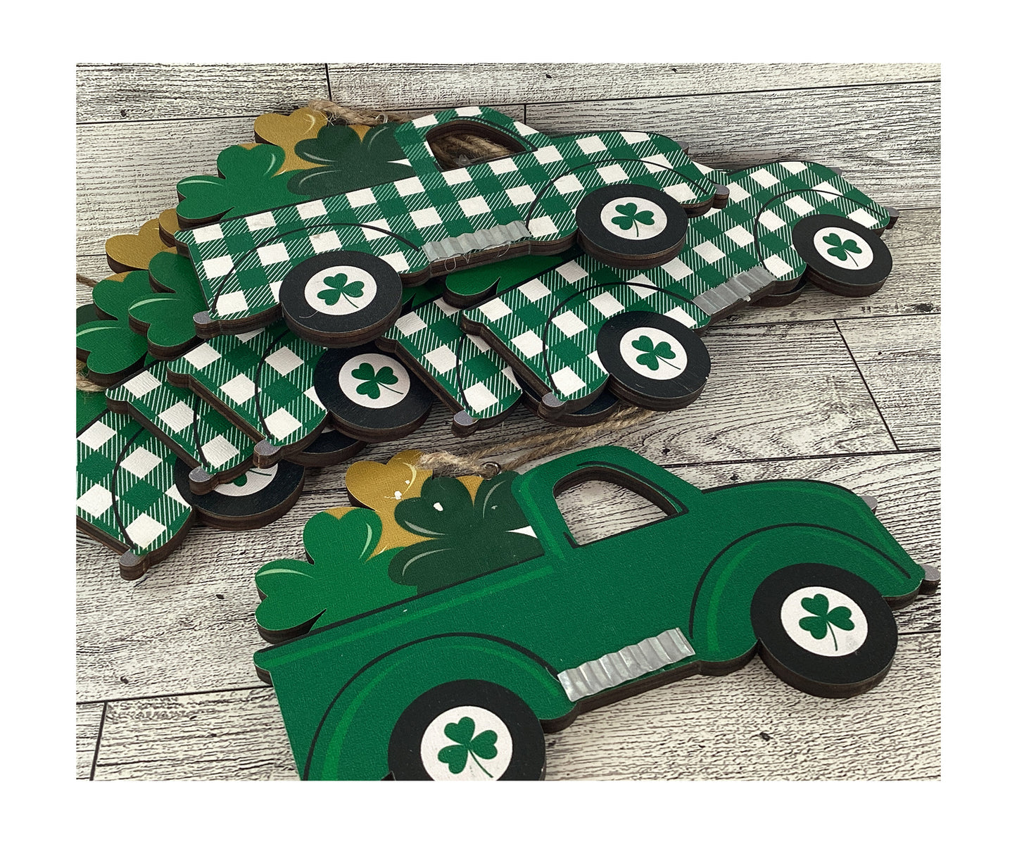 HL St Patrick's Craft Supplies - Wood Shamrock Truck Ornament 7pc Set