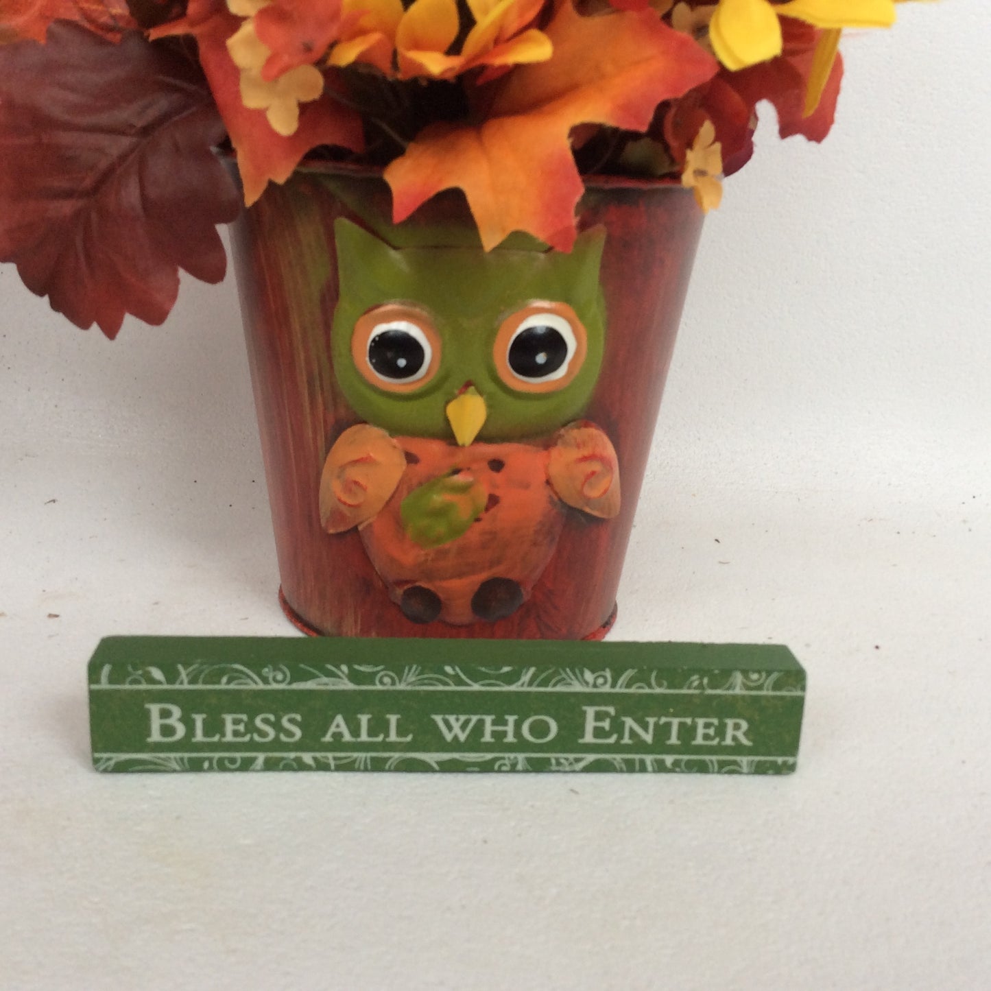 AGD Fall Decor - Owl Tin Filled Artificial Floral Display